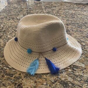Ladies Tan Straw Hat with Blue Tassels